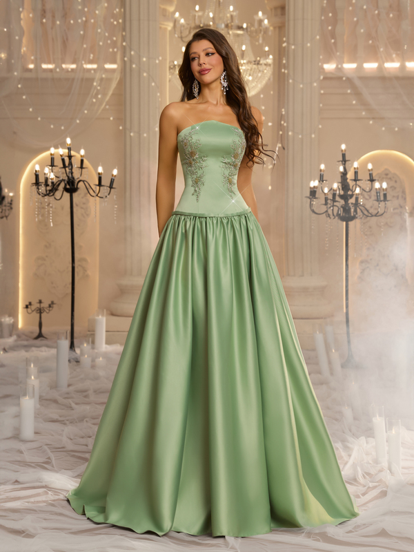 Glamrae Elegant Luxurious Grey-Green Satin, Hand-Beaded Applique Decor, Strapless Oversized Skirt, Women's Formal Evening Gown