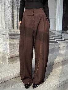 Pariaura Women's Solid Color Wide Waist Zipper Loose Curved Leg Wide Leg Trousers - Coffee Brown - View 5