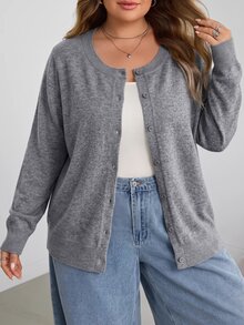 SHEIN CURVE+ 大尺碼休閒純色圓領長袖寬鬆女款冬季上衣 - 灰色 - 查看 7