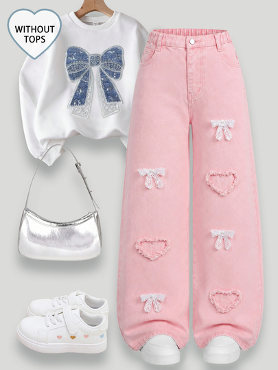 SHEIN Elladie kids Denimly Spring/Summer New Tween Girl Denim Jeans, Light Blue Tone Denim With A Relaxed Feel, Wide-Leg Style With A Touch Of Laziness, Soft Denim Fabric Like Being Wrapped In Clouds, Heart Embroidery Like A Heartbeat Signal, Hidden Romance, Elastic Waist Design Without Tightness, Comfortable For Running And Jumping! Pair With A Simple White T-Shirt For An Instant Campus Fresh Look, Match With A Blouse For A Street Cool Sweet Style, Suitable For Campus Wear, Shopping, Outing, Outdoor Activities, Daily Wear And More.