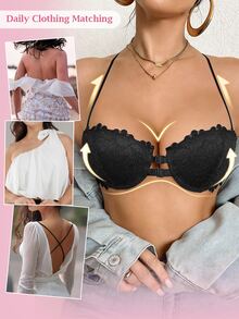 SHEIN 2pcs Women's Sexy Lace Underwire Front Closure Push-Up Bra - Black and White - View 3