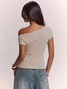 SHEIN BAE 秋冬條紋不對稱肩綁帶前襟上衣 女款 - 彩色 - 查看 2