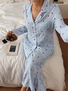 Napfluff Fresh Blue & White Plaid Heart Print Collared Pajama Set, 2 Pieces - Blue - View 6
