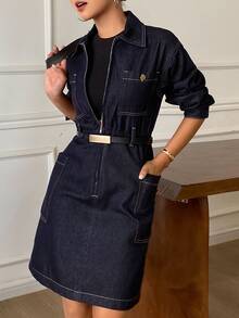 DAZY Women's Washed Denim Original Color Loose Fit Short Denim Dress - Dark Wash - View 6