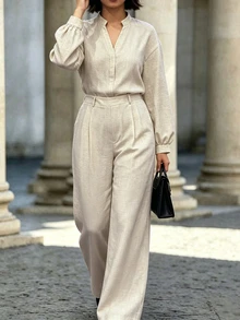 Linhara CURVE Plus Size Women's 2pcs/Set Spring/Autumn Minimalist Casual Elegant Solid Color Notch Neck Long Sleeve Tank Top And Pants Fall Office Formal Grey - Apricot - View 3