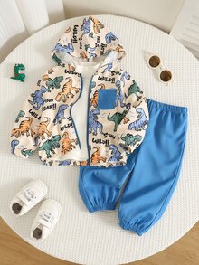 SHEIN 男嬰卡通恐龍圖案拼色連帽長袖外套與鬆緊腰長褲2件套，百搭舒適 - 彩色 - 查看 3
