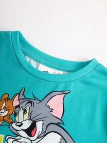 TOM & JERRY X SHEIN Young Boy Fun Cartoon Print Crew Neck Short Sleeve T-Shirt And Striped Shorts 2-Piece Set - Multicolor - View 3
