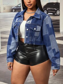 Slaydiva Plus Size Women's Colorblock Long Sleeve Single-Breasted Cropped Denim Jacket - Medium Wash - View 3