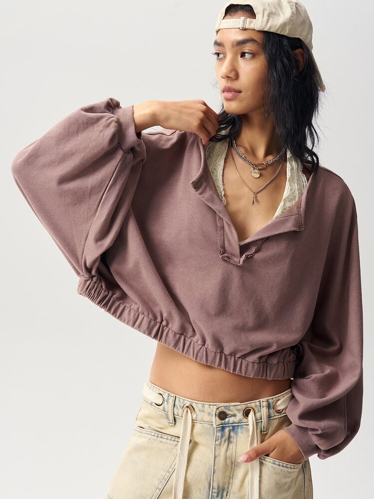 Bohemela 女款素色缺口V領蝙蝠袖長袖寬鬆休閒運動衫 - 卡其色 - 查看 1