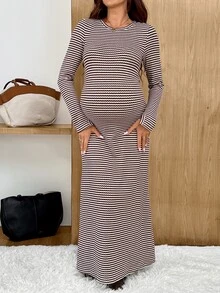SHEIN Maternity Casual Striped Dress For Autumn - Brown - View 1