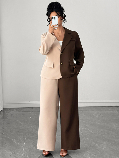 Elenzga European & American Plus Size Women's Premium Gray-Brown Suit 2 Pieces Set, Lazy Commuter Style, Lightweight Wrinkle-Resistant Tencel Fabric, Padded Shoulder Loose Blazer With Draped High-Waist Wide-Leg Long Pants