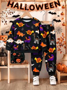Conjunto de 2 piezas de sudadera y pantalones deportivos casuales y cómodos de manga larga para niños pequeños, adecuado para otoño/invierno, con estampado clásico de Halloween de calabaza, araña, bruja, fantasma, dinosaurio, esqueleto y murciélago, cuello redondo, de punto suave, estilo casual - Multicolor - Ver 3