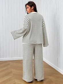 SHEIN EZwear Plus Size Autumn Casual Striped Top & Pants 2 Pieces Set - Apricot - View 2