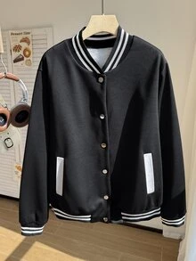 Comfortcana Áo khoác bóng chày cổ điển phối màu khối sọc kẻ size lớn - màu đen - Xem 4