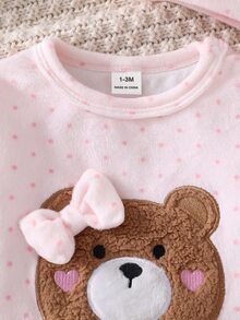 SHEIN Playful Pals Newborn Comfortable Soft Plush Pink Polka Dot Teddy Bear Applique Embroidery 3D Bow Decor Round Neck Fleece Footed Jumpsuit With Hat Autumn Winter - Baby Pink - View 5