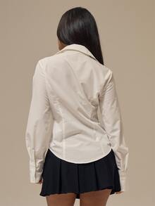 MUSERA Kemeja Putih Slim Fit dengan Panel Pinggang Rapi, Kerah Lancip, Manset Kancing Ganda, Lengan Panjang, Pakaian Kerja Elegan, Kebutuhan Sehari-hari Kantor, Musim Gugur/Musim Dingin - Putih - View 4