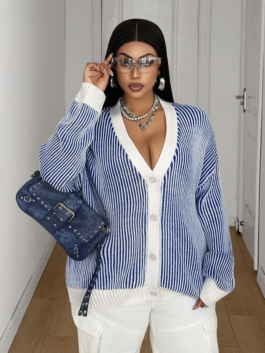 Maweii Plus Size Women's Casual Vintage Long Sleeve Thin Striped Cardigan Sweater, Suitable For Autumn/Winter - Blue and White - View 1