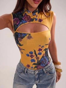 SHEIN BAE 女款休閒度假無袖連身衣，小立領，花卉圖案，黃色，適合休閒度假、海灘度假、姐妹休閒度假，動物印花連身衣，音樂節連身衣，Y2K連身衣，秋冬 - 黃色 - 查看 7