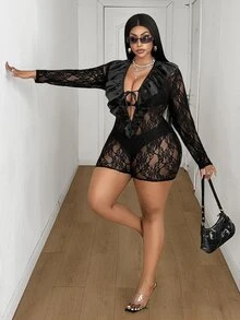 Maweii Plus Size New Lace Sexy Fitted Ruffle Trim Romper Shorts Fall - Black - View 5