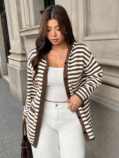 Vionelle Plus Size Women's Fashion Casual New Lazy Coffee Brown Beige Apricot Color Block Striped Hooded Cardigan Sweater, Soft Mid-Length Jacket For Autumn/Winter