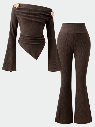Firerie Kids Firerie Kids Kids Tween Girl Tween Girl 2-Piece Casual Coffee-Colored Ruched Metallic Flower Decor Long Sleeve Fitted Knit Top And Flare Pants Set