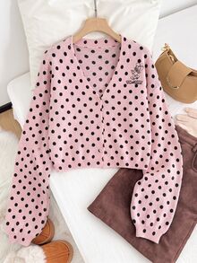 TOM & JERRY X SHEIN SHEIN EZwear 大尺碼女款復古波點圖案長袖針織開襟衫，適合外出、街頭穿搭、機場造型、時尚、返校、Y2K、派對、海灘度假、假期 - 彩色 - 查看 7