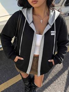 Comfylo Plus Drop Shoulder Drawstring Hoodie For Spring & Fall Travel Outfit Airport - Black - View 7