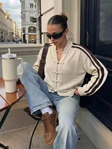 SHEIN Tall New Chinese Style Frog Button Cardigan Jacket (Stand Collar Long Sleeve) - Apricot - View 1