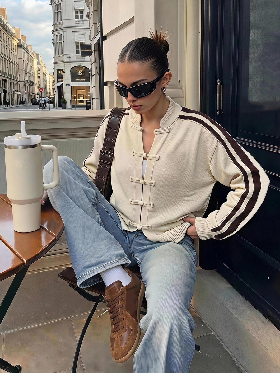 SHEIN Tall New Chinese Style Frog Button Cardigan Jacket (Stand Collar Long Sleeve) - Apricot - View 1