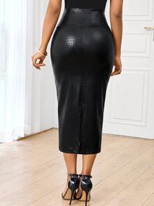 SHEIN Lady 女款 PU 皮革高腰優雅鉛筆裙 - 黑色 - 查看 2