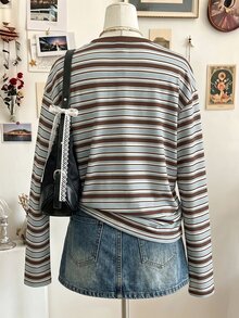 Collagica Collagica 美式復古拼色條紋女款底層衣，時尚圓領長袖T恤上衣，適合休閒日常穿著與街頭風格 - 彩色 - 查看 2
