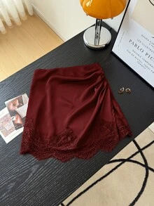 Muvela 女款優雅通勤純色蕾絲拼接裙 - 紅色 - 查看 3