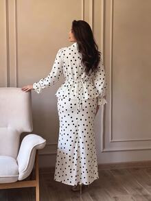 Modelyn Plus Size Elegant Commuter Polka Dot Print Shirt & Skirt Set - Apricot - View 2