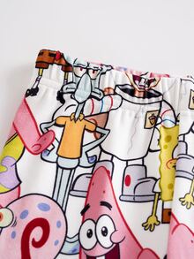 SpongeBob SquarePants | SHEIN Young Girl Cartoon Print Short Sleeve Top And Long Pants Casual Daily Home Pajama Set - Multicolor - View 5