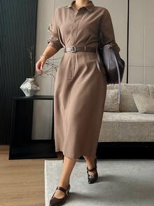 Dazy Plus Elegant High Waist Fashion Casual French Vintage Niche Design Single-Breasted Lapel Dress - Brown - View 7