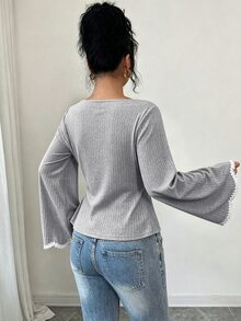 Selianne 女款拼色休閒百搭長袖T恤，適合日常穿著 - 灰色 - 查看 5
