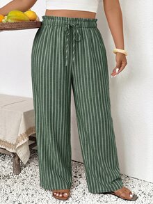 SHEIN Frenchy 女款大尺碼休閒度假條紋長褲 - 綠色 - 查看 6
