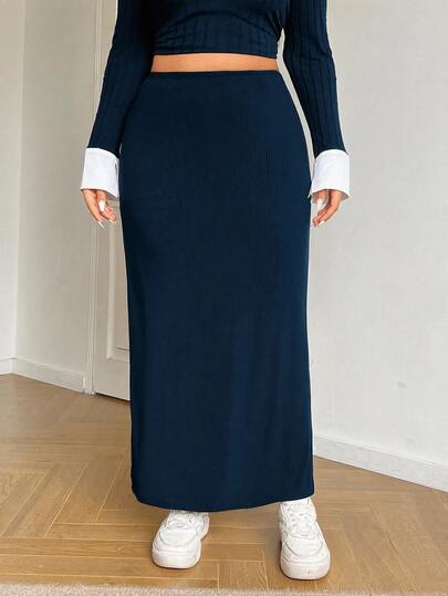 SHEIN EZwear Plus Size Women's Autumn Solid Color High Waist Casual Versatile Skirt