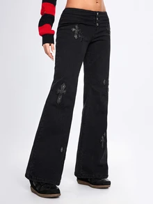 ROMWE Grunge Punk Indie Sleaze Hedi Youth Punk Cross PU Patch Embroidery Skinny Straight Leg Jeans For Women - Black - View 6