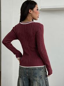 Coolane 女款紅色刺繡Logo V領麻花編織毛衣，秋冬毛衣，女款秋季服飾，秋季穿搭，女款通勤穿搭，基礎上衣，外出穿搭，機場穿搭 - 彩色 - 查看 5