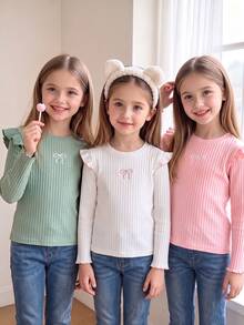 Genkimix Kids 3件組女童秋冬荷葉袖針織打底衫，百搭圓領刺繡蝴蝶結長袖T恤 - 彩色 - 查看 1