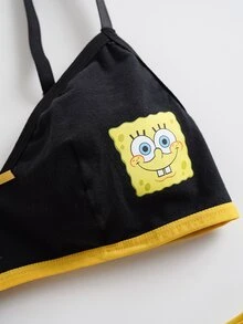 SpongeBob SquarePants | SHEIN طقم ملابس داخلية مريح مزين بفيونكة - الأسود - مشاهدة 6