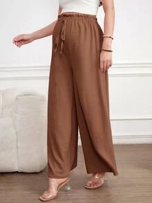 SHEIN 孕婦純色可調腰圍休閒日常寬腿長褲 - 棕色 - 查看 5