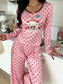 ZzzCrew HELLO KITTY AND FRIENDS | SHEIN Co-Branded Damen-Pyjama-Set mit Polka-Dot-Muster, Kontrastspitze, lässig - Pink - Übersicht 2