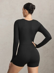 Activina Women Summer Spring Long Sleeve Slim Fit Sports Jumpsuit With Sweetheart Neckline And Ruched Detail For Active Wear Made Of Breathable Fabric - Black - View 3