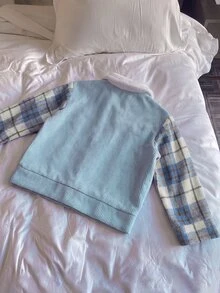 SHEIN 男童夾克外套，毛絨領格紋拼接純色燈芯絨長袖夾克，適合秋季度假、上學、日常外出等場合 - 藍色 - 查看 2