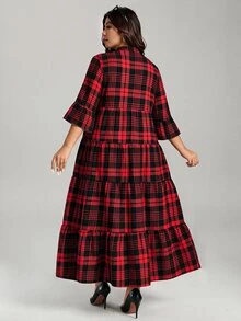 Comfylo 聖誕格紋拼接層次大碼長裙 - 紅色 - 查看 4