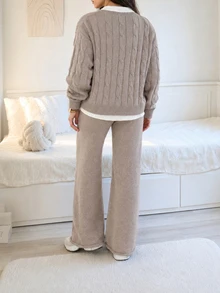 Feyla Plus Size Women's Knight Graphic 2 In 1 Patchwork Long Sleeve Top And Pants Knit Set - Khaki - View 2