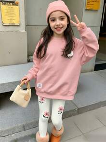 Tween女孩休閒可愛復古花卉印花圓領長袖運動衫與緊身褲2件套，適合秋冬穿著 - 白色 - 查看 2
