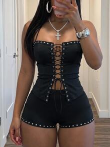 Slaydiva Women 2 Piece Set Halter Lace Up Corset Top Rivet Mini Shorts Sexy Club Matching Outfit Y2K Gothic Punk Stretch Bodycon Black Sets - Black - View 8